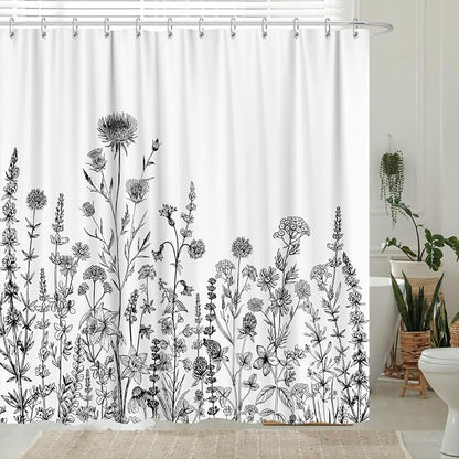 GOAOK Vintage Boho Shower Curtain Black and White Theme, Floral Aesthetic Dark Wildflower Botanical Flowers Shower Curtain for Bathroom with Hook, Farmhouse Plant Art Chic Shower Curtain 72X78