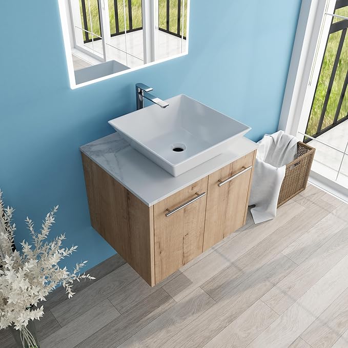 24" Floating Vanity with Sink, 24 Inch Bathroom Vanity with Sink, Modern Plywood Floating Cabinet with Sintered Stone Countertop and White Ceramic Basin, Soft Close Doors