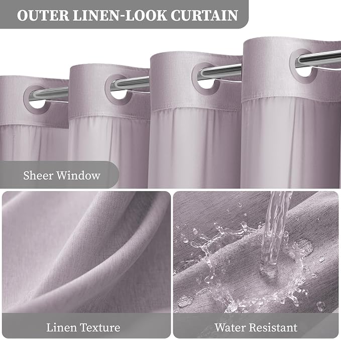Lavender Ringless Linen Look Shower Curtain with Snap in Liner, 72x75 | 3 in 1 Modern Shower Curtain Set, Removable Liner, Waterproof & Washable, Mesh Top Window, Durable Fabric, Easy to Install