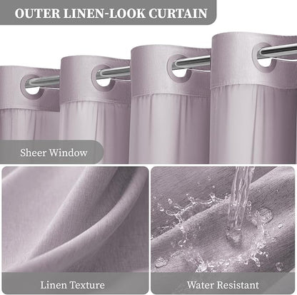 Lavender Ringless Linen Look Shower Curtain with Snap in Liner, 72x75 | 3 in 1 Modern Shower Curtain Set, Removable Liner, Waterproof & Washable, Mesh Top Window, Durable Fabric, Easy to Install