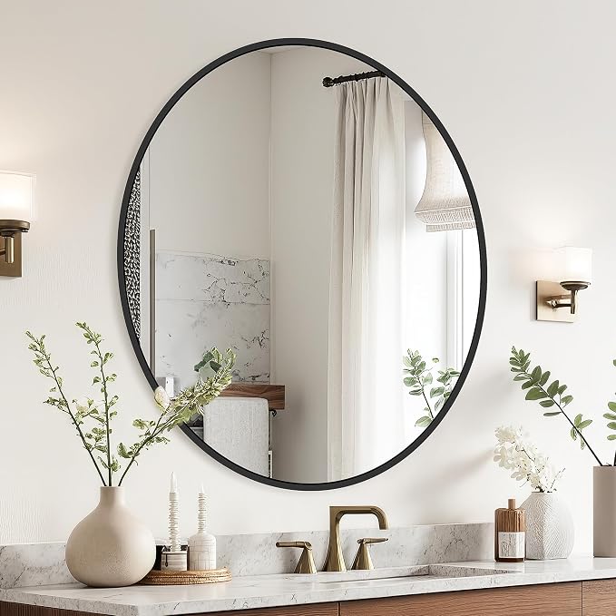 22 Inch Black Round Circle Mirror for Bathroom Wall, Metal Frame | HD tempered glass for clear, distortion-free reflection. Mounting hardware included for vertical or horizontal wall mount.