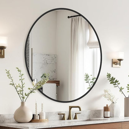22 Inch Black Round Circle Mirror for Bathroom Wall, Metal Frame | HD tempered glass for clear, distortion-free reflection. Mounting hardware included for vertical or horizontal wall mount.