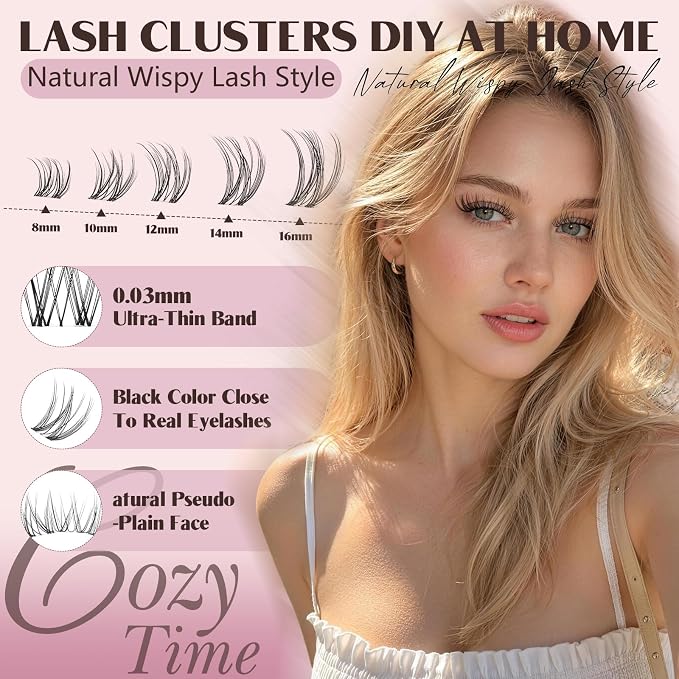 JMS&JMS Natural Lash Clusters Kit Wispy Lash Extension Kit | Clear Band Eyelash Clusters 8-16mix C Curl with Bond and Seal and Tweezers for Daily Exquisite