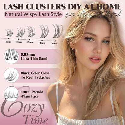 JMS&JMS Natural Lash Clusters Kit Wispy Lash Extension Kit | Clear Band Eyelash Clusters 8-16mix C Curl with Bond and Seal and Tweezers for Daily Exquisite