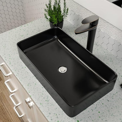 Black Vessel Sink - Dcolora 24 x 14 Bathroom Sink Matte Black Rectangular Above Counter Vessel Sink Ceramic Countertop Lavatory Vanity Bowl Sink Art Basin Sink