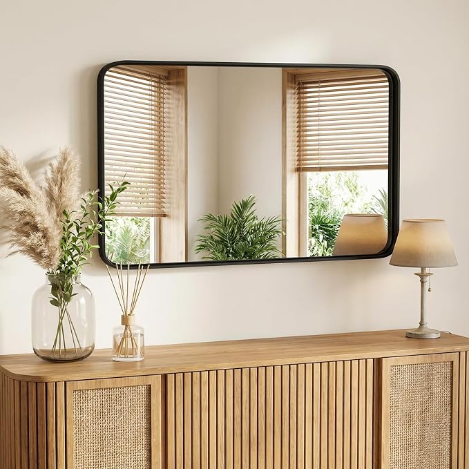 Sweetcrispy Bathroom Mirror 48x32 Inch, Vanity Mirror for Wall | Metal Framed Rounded Rectangle, Over Sink, Farmhouse, Restroom, Anti-Rust, Horizontal or Vertical Hanging, Black