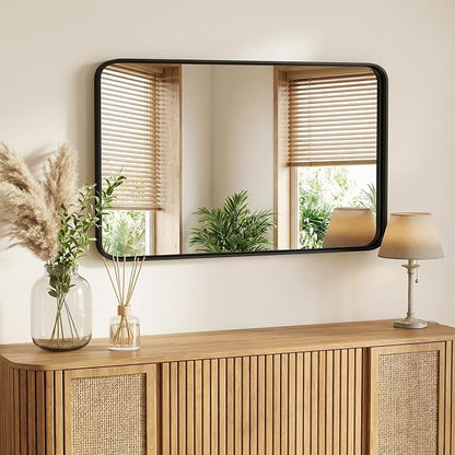 Sweetcrispy Bathroom Mirror 48x32 Inch, Vanity Mirror for Wall | Metal Framed Rounded Rectangle, Over Sink, Farmhouse, Restroom, Anti-Rust, Horizontal or Vertical Hanging, Black