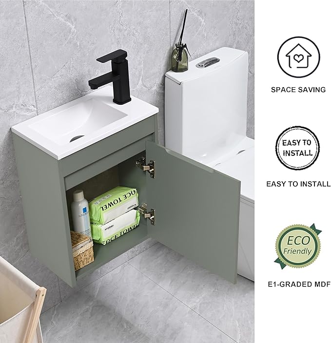 16" Bathroom Vanity Sink Combo for Small Space, Wall Mounted Bathroom Cabinet Set with White Resin Basin Sink Top Black Faucet Pop Up Drain Green