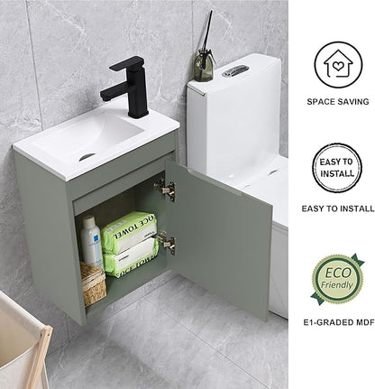 16" Bathroom Vanity Sink Combo for Small Space, Wall Mounted Bathroom Cabinet Set with White Resin Basin Sink Top Black Faucet Pop Up Drain Green