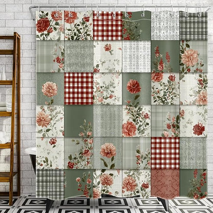 Farmhouse Country Patchwork Shower Curtain for Bathroom Boho Floral Plaid Vintage Rustic Cottagecore Bathroom Decor Pink Green Flower Fabric Bath Curtain with 12 Hooks, 72x72 Inch
