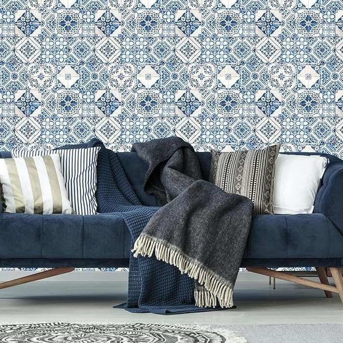 RoomMates RMK11083WP Blue Mediterranian Tile Peel and Stick Wallpaper 20.5" x 16.5 feet