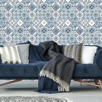 RoomMates RMK11083WP Blue Mediterranian Tile Peel and Stick Wallpaper 20.5" x 16.5 feet