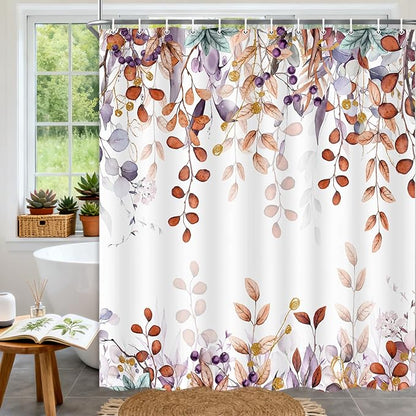 Small Stall Eucalyptus Shower Curtain, Orange Terracotta Color Watercolor Plants Foliage Bathroom Decor, Botanical Cottagecore Waterproof Fabric Narrow Shower Curtain with Hooks 47X64 Inch