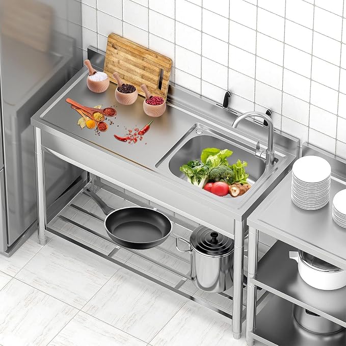 Garvee Stainless Steel Utility Sink, Commercial Kitchen Single Bowl Sink with Cold and Hot Water Faucet, Hoses and Drain Kit, Storage Shelf for Kitchens, Bathrooms, Garage, Laundry Room