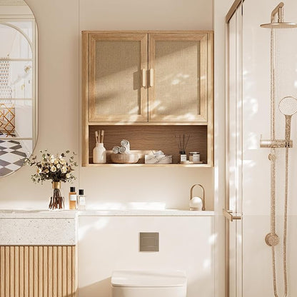 Rattan Bathroom Wall Cabinet with Open Compartments, Wall-Mounted Medicine Cabinet with Adjustable Wood Shelf & Doors, Over The Toilet Storage Cabinet for Laundry Room & Kitchen & Living Room