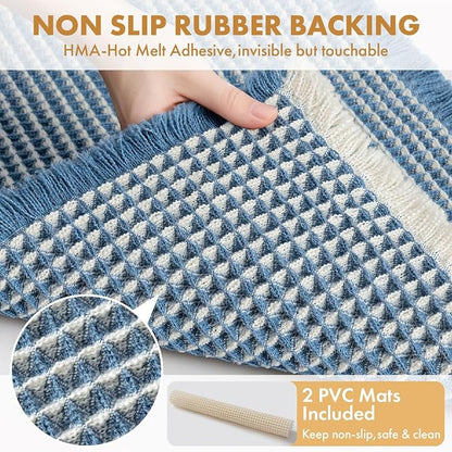 MIULEE Set of 2 Waffle Bathroom Rugs Blue&Cream Bath Mat 17"x24"+18"x30" | Non Slip, Super Absorbent, Washable, Ultra Soft, Rubber Backed, Small Boho Bath Rugs for Bathroom Floor Tub Shower
