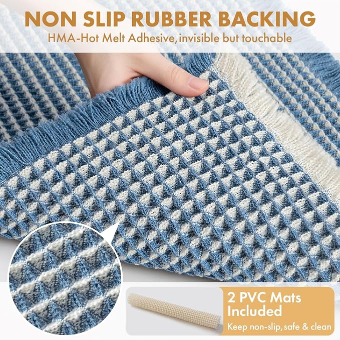 MIULEE Set of 2 Waffle Bathroom Rugs Boho Bath Mat Blue&Cream 18x30 Inch | Non Slip, Super Absorbent, Washable, Ultra Soft, Rubber Backed Bath Rugs for Bathroom Floor Tub Shower
