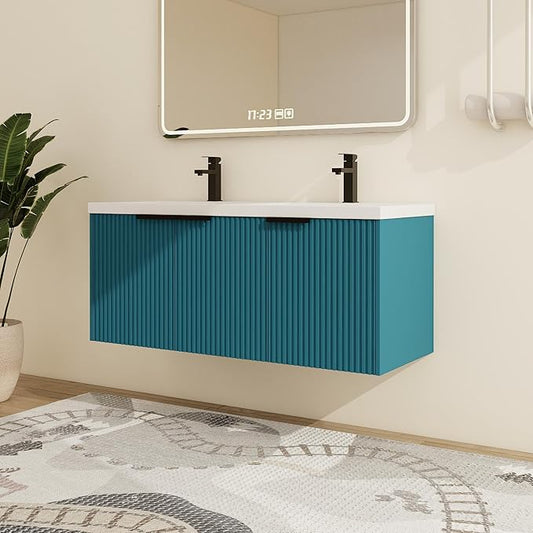 Malwee 48" Bathroom Vanity with Sink, 48 inch Double Sink Floating Vanity, Wall Mounted Bathroom Basin Cabinet Combo, Modern Lake Blue Bath Vanity Cabinet Set with Storage(MA10348DLBE)