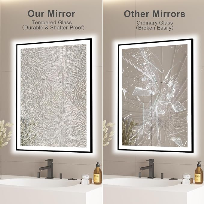 20x28 inches Rectangular Aluminum Black Framed LED Mirror, Smart Bathroom Mirror with Lights, Anti-Fog, Tempered Glass, 3 Colors Dimmable, Front and Backlit, Wall Mounted, Memory