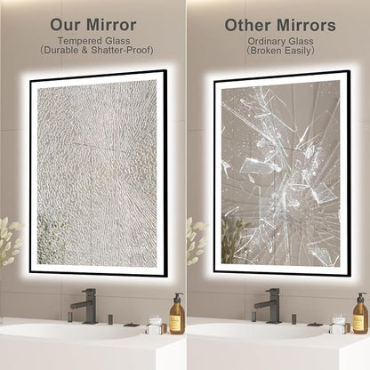 20x28 inches Rectangular Aluminum Black Framed LED Mirror, Smart Bathroom Mirror with Lights, Anti-Fog, Tempered Glass, 3 Colors Dimmable, Front and Backlit, Wall Mounted, Memory