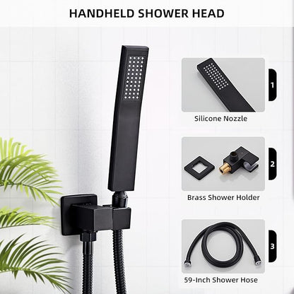 Shower Faucet Set, Matte Black Rainfall Shower System Complete Wall Mounted for Bathroom with 12 Inch Square Shower Head and Handheld Shower Head Rain Mixer Combo Set