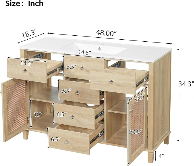 48-Inch Natural Rattan Bathroom Vanity with Ceramic Sink, Bathroom Storage Cabinet with Solid Wood Frame, Drawers &Rattan Doors, Soft-Close,Space Saving Vanity Sink for Bathroom