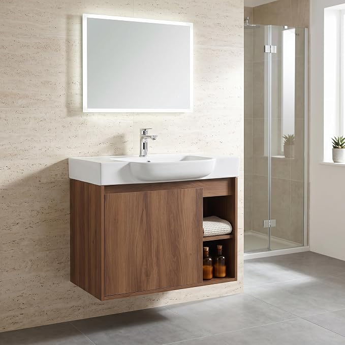 28" Bathroom Vanity with Sink, Wall-Mounted Cabinet, Brown Ebony | Ceramic Sink, Soft-Close Door & 2 Open Storage Shelves, Modern Farmhouse Sink Cabinet, Easy to Clean for Small Bathroom