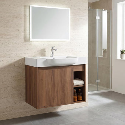 28" Bathroom Vanity with Sink, Wall-Mounted Cabinet, Brown Ebony | Ceramic Sink, Soft-Close Door & 2 Open Storage Shelves, Modern Farmhouse Sink Cabinet, Easy to Clean for Small Bathroom