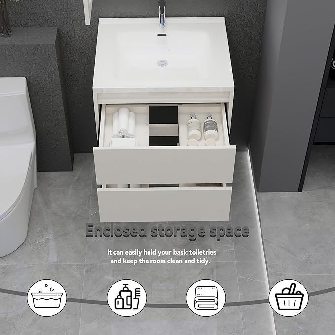 Khaki Floating Bathroom Vanity with Sink, 23x18 Inch Wall Mounted Bathroom Cabinet with 2 Drawers, Modern Single Sink Vanity for Small Bathroom, Space-Saving Storage Cabinet