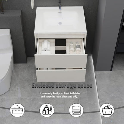 Khaki Floating Bathroom Vanity with Sink, 23x18 Inch Wall Mounted Bathroom Cabinet with 2 Drawers, Modern Single Sink Vanity for Small Bathroom, Space-Saving Storage Cabinet