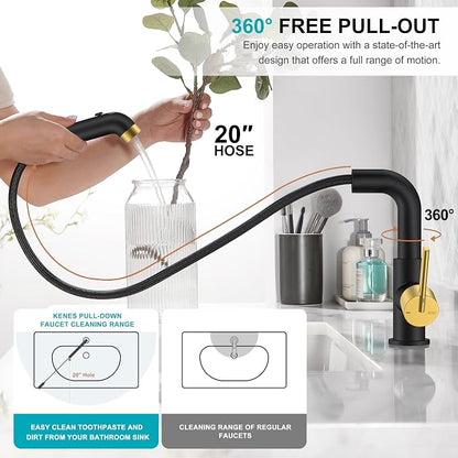 Black & Gold Pull Down Bathroom Faucet 1 Handle, 1 Hole Vanity Faucet | Pull Out Bathroom Faucet with Pop Up Drain & 6 Inch Deck Plate, Lead-Free cUPC & NSF Certified, 1 Hole Faucet for Vanity RV