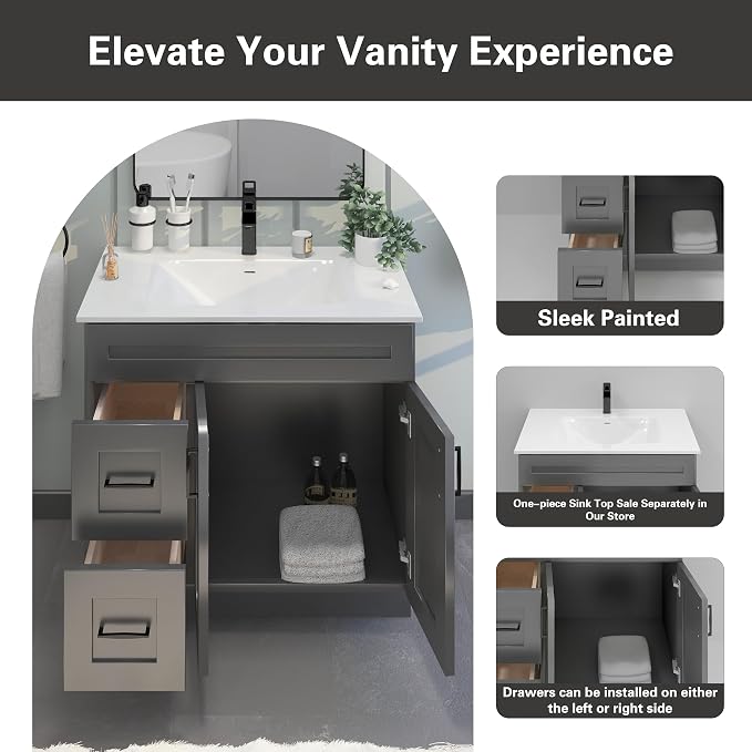 36" Light Grey Shaker Bathroom Vanity Base – Ready-to-Assemble Sink Cabinet with Drawers, Freestanding Bathroom Vanity Base Only, No Top or Sink