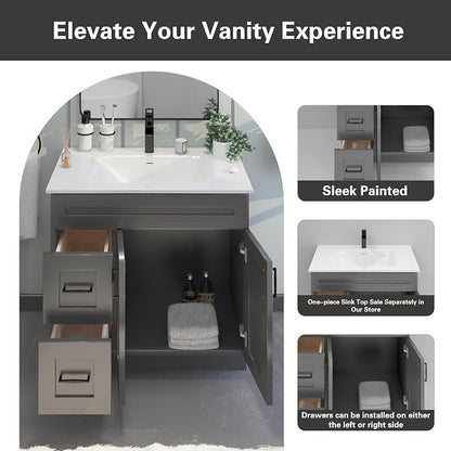 36” Grey Shaker Bathroom Vanity Base – Ready-to-Assemble Sink Cabinet with Drawers, Shaker Style Storage, Base Only, No Top or Sink