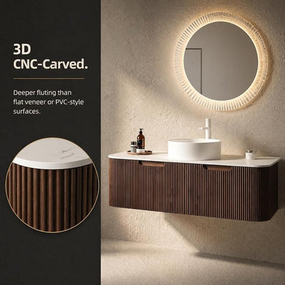 48 Inch Bathroom Vanity with Sink, Floating Wall Mounted Single Sink Vanity, Dark Walnut Curved Fluted Front, Stone Top, Pure White Round Vessel Basin, Pre-Assembled