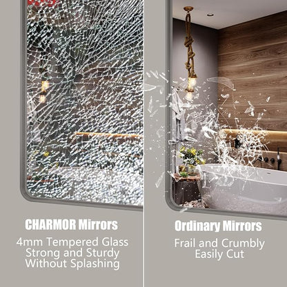 55x40 Inch Silver Brushed Nickel Bathroom Mirror for Wall | Rounded Rectangle, Silver Framed Bathroom Vanity Mirror, Anti-Rust, Shatterproof, Hangs Horizontally or Vertically