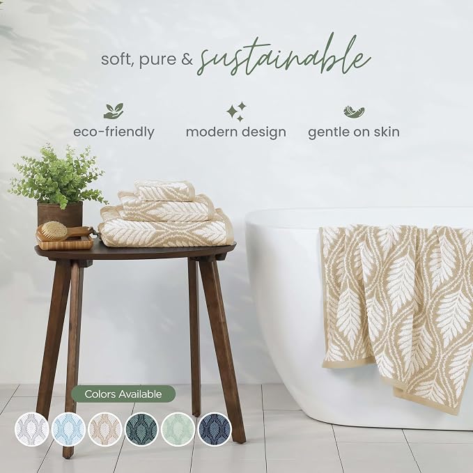 Martex Restore Fern Ogee Bath Towel – Soft, Absorbent, Moisture-Wicking and Quick to Dry – Lightweight for Everyday Use – Comfortable Feel with Convenient Loop for Hanging – 30" x 56" – Sand