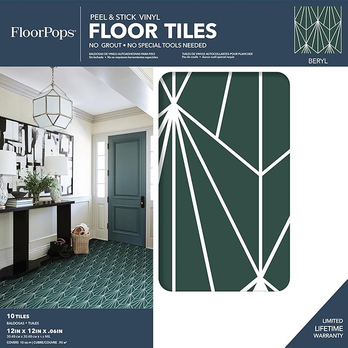 FloorPops FP3926 Beryl Peel & Stick Floor Tiles, Green