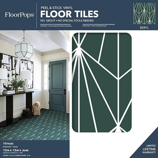 FloorPops FP3926 Beryl Peel & Stick Floor Tiles, Green