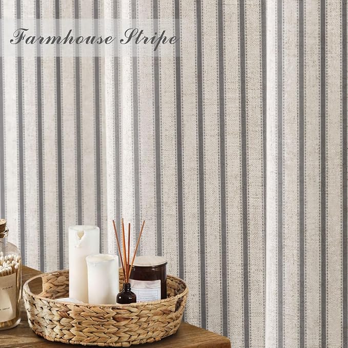 Farmhouse Striped Shower Curtain Grey Vintage Linen Curtain 72"W X 72"L | Striped Shower Curtains with Linen Texture for Bathroom Decor