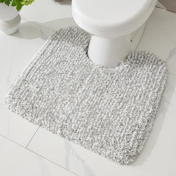 ILANGO Grey and White Toilet Rugs U Shaped 22" × 24" Non Slip & Super Absorbent Extra Thick Soft, Washable Bath Mats for Bathroom Floor, Microfiber Plush Shaggy Contour Bath Rugs for Toilet,Dry Quick