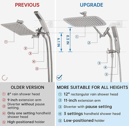 G-Promise 12 Inch All Metal Rain Shower Head with Handheld (Brushed Nickel) | Suits Every Height, Pause Mode Diverter, Massage Mode Handheld, Full Body Coverage, Easy to Install, Modern Bath Upgrade