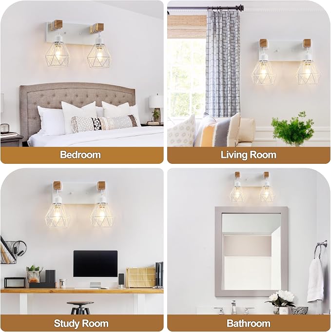maesta 2 Light Bathroom Vanity Light, Farmhouse White Fixture Over Mirror | Farmhouse Bathroom Light Fixtures, Wood & Metal, Anti-Rust Easy to Install for Rustic Bathroom Hallway