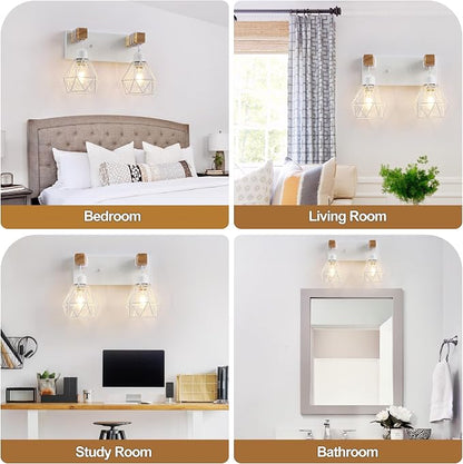 maesta 2 Light Bathroom Vanity Light, Farmhouse White Fixture Over Mirror | Farmhouse Bathroom Light Fixtures, Wood & Metal, Anti-Rust Easy to Install for Rustic Bathroom Hallway