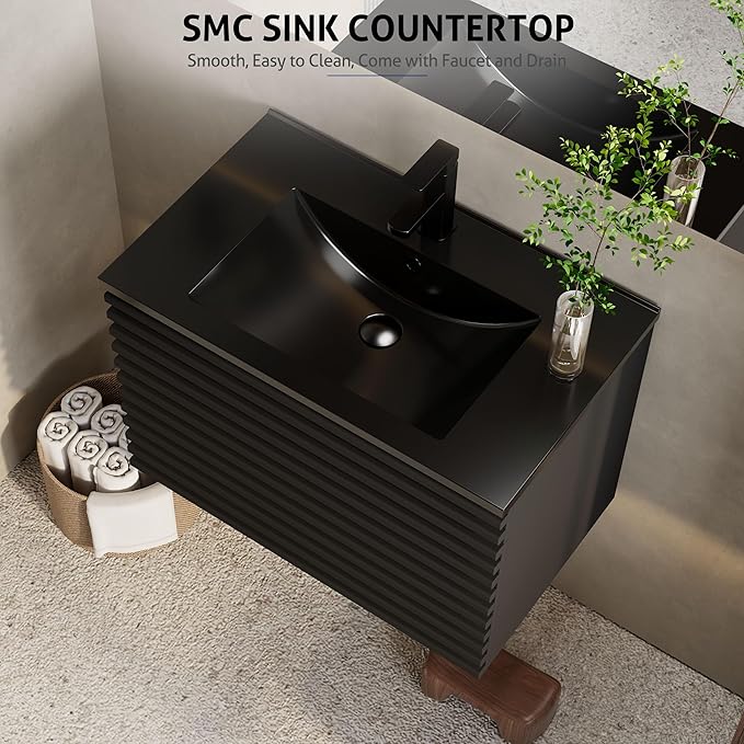 eclife 30" Floating Bathroom Vanity with Sink Combo, Mid-Century Wall Mounted Cabinet with Wood Stripes Decor, Drawers, Undermount Single Black Sink, Faucet, Drain, Black