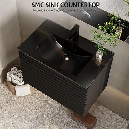 eclife 30" Floating Bathroom Vanity with Sink Combo, Mid-Century Wall Mounted Cabinet with Wood Stripes Decor, Drawers, Undermount Single Black Sink, Faucet, Drain, Black