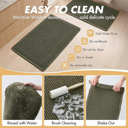 MIULEE Set of 2 Waffle Bathroom Runner Rugs Green 2'x6'(24"x72") | Non Slip, Super Absorbent, Washable, Ultra Soft, Boho Bath Mats for Bathroom Hallway Bedroom Laundry Room Kitchen