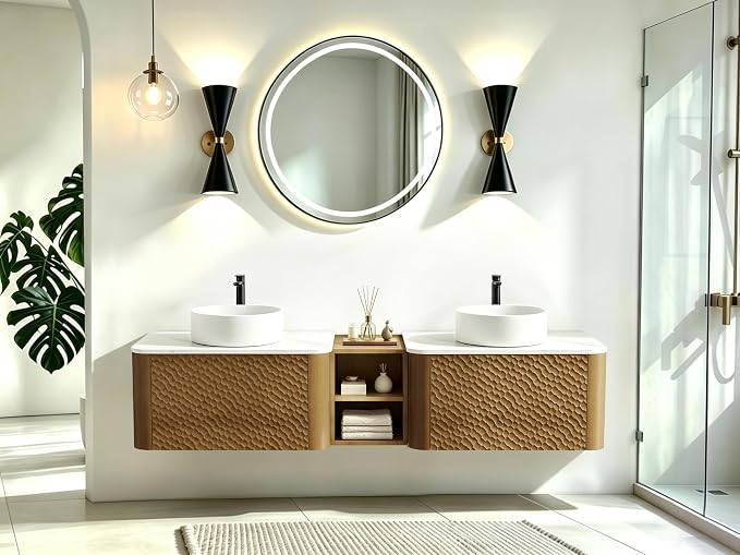 72 Inch Double Vanity with Sink Set, Floating Bathroom Sink Cabinet with Sintered Stone Top&Solid Wood Hammered Frame, Double Bathroom Vanities w/Soft-Close Drawers&1 Middle Open Cube