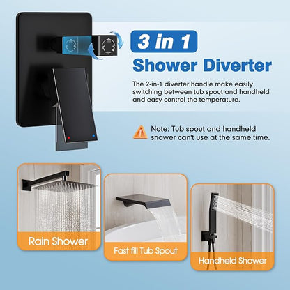 Matte Black Shower System with Tub Spout and 12-Inch Shower Head | All Metal BathTub Shower Faucet Set, Wall Mounted Bathroom Rain shower head and handheld set with Valve and Trim Kit