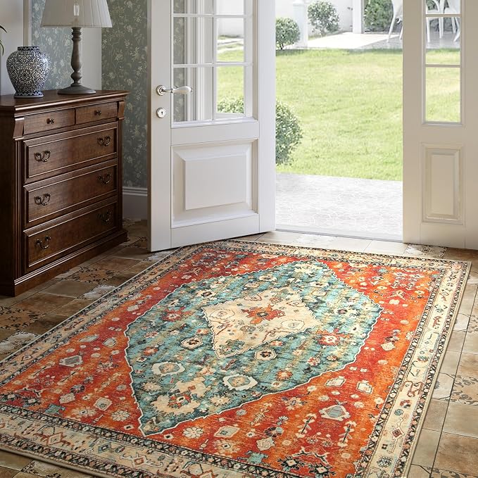 Lahome Felice Boho Tribal Square 4x4 Washable Rug, Soft Living Room Kitchen Entry Rugs with Rubber Backing, Oriental Non-Slip Indoor Throw Bedroom Carpet for Nursery Office (Rust/Dull Teal,4x4ft)
