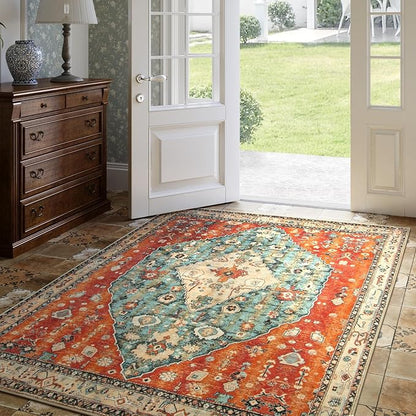 Lahome Felice Boho Tribal Square 4x4 Washable Rug, Soft Living Room Kitchen Entry Rugs with Rubber Backing, Oriental Non-Slip Indoor Throw Bedroom Carpet for Nursery Office (Rust/Dull Teal,4x4ft)